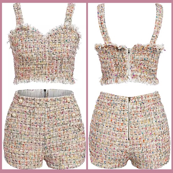 Gold Tweed V Neck Crop Pocket Shorts Fully Lined - Picture 2 of 8